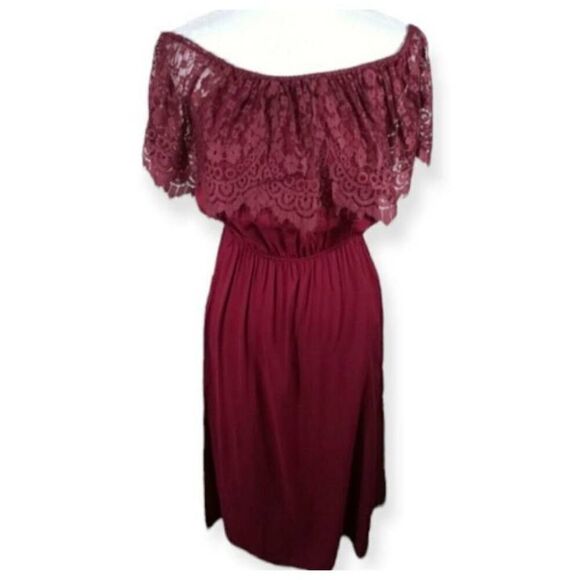 J FOR JUSTIFY BURGUNDY LACE OFF-THE-SHOULDER DRESS SZ.S EUC. - Picture 1 of 8